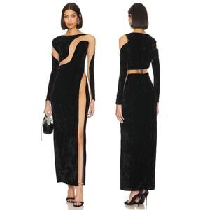 NBD Revolve Fareena Formal Maxi Dress Velvet Long Sleeve Mesh Panel Black Size S